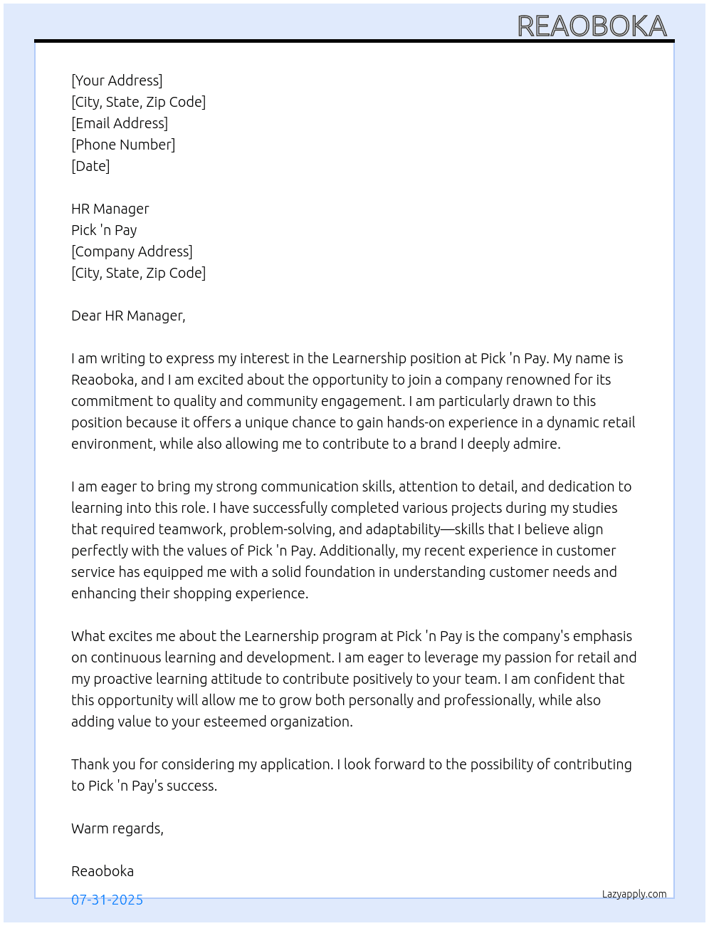 Learnership  At Pick'and pay Cover Letter