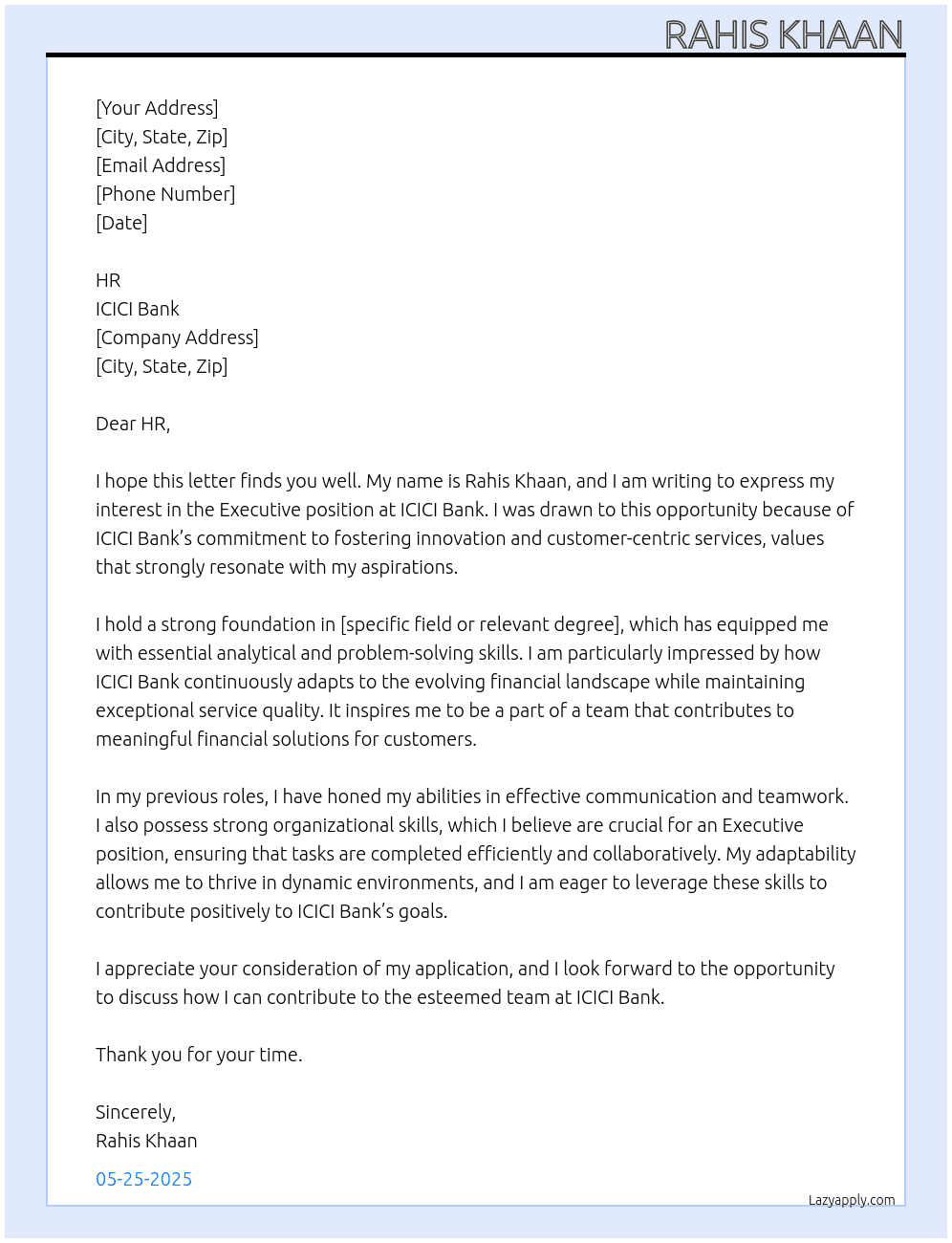 Executive At ICICI Bank Cover Letter