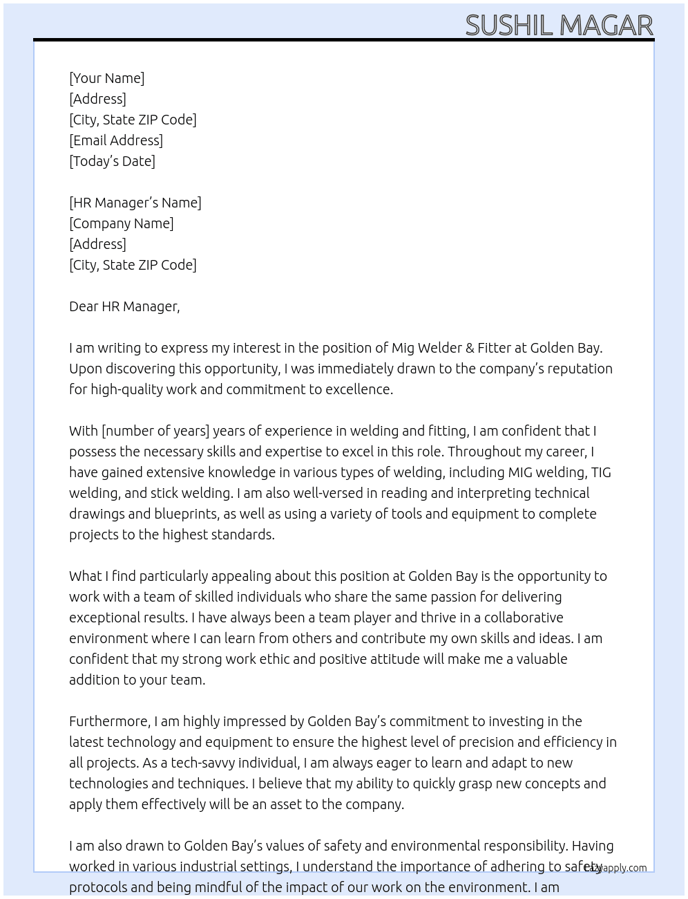mig welder &fitter At Golden bay Cover Letter