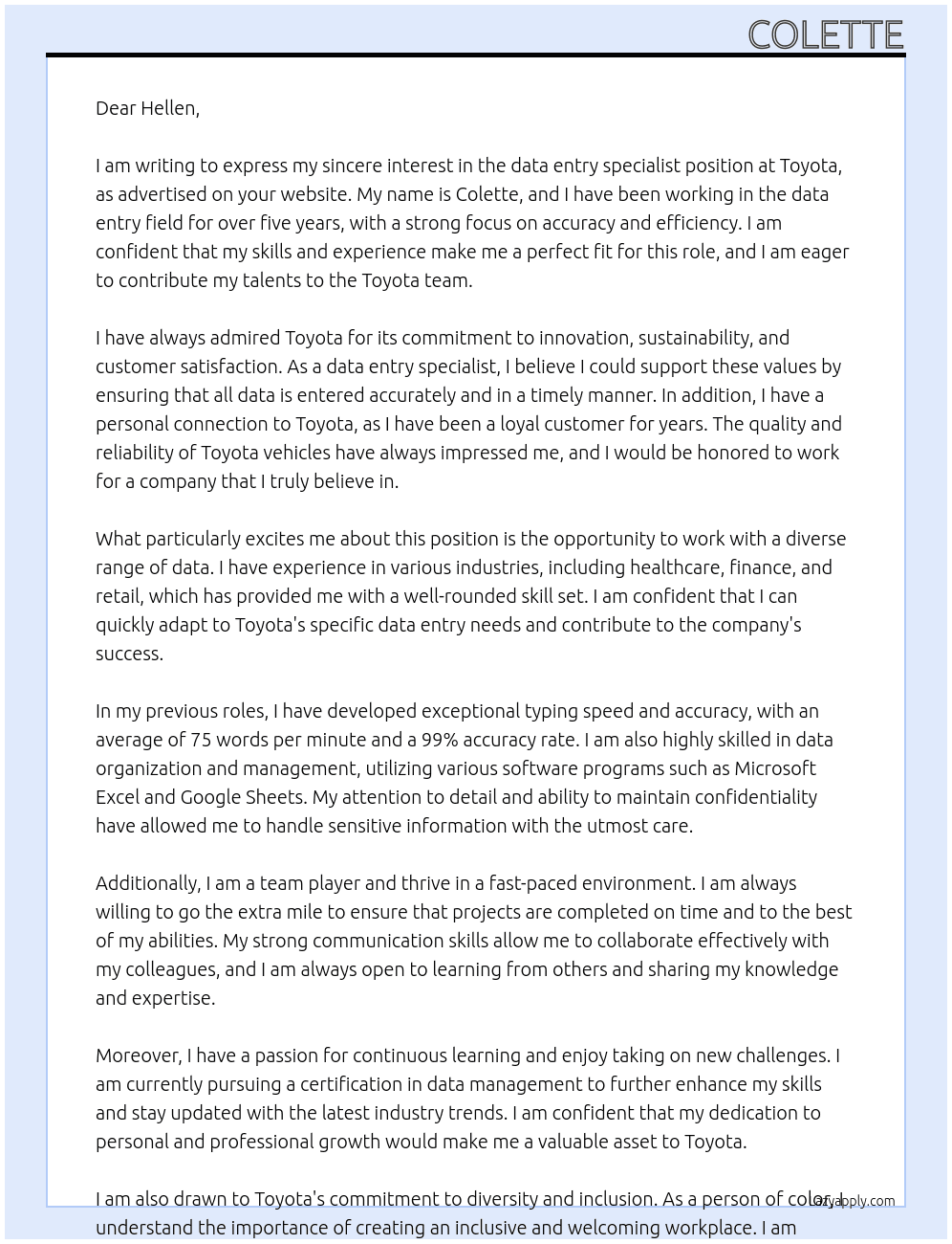 data entry specialist At toyota Cover Letter