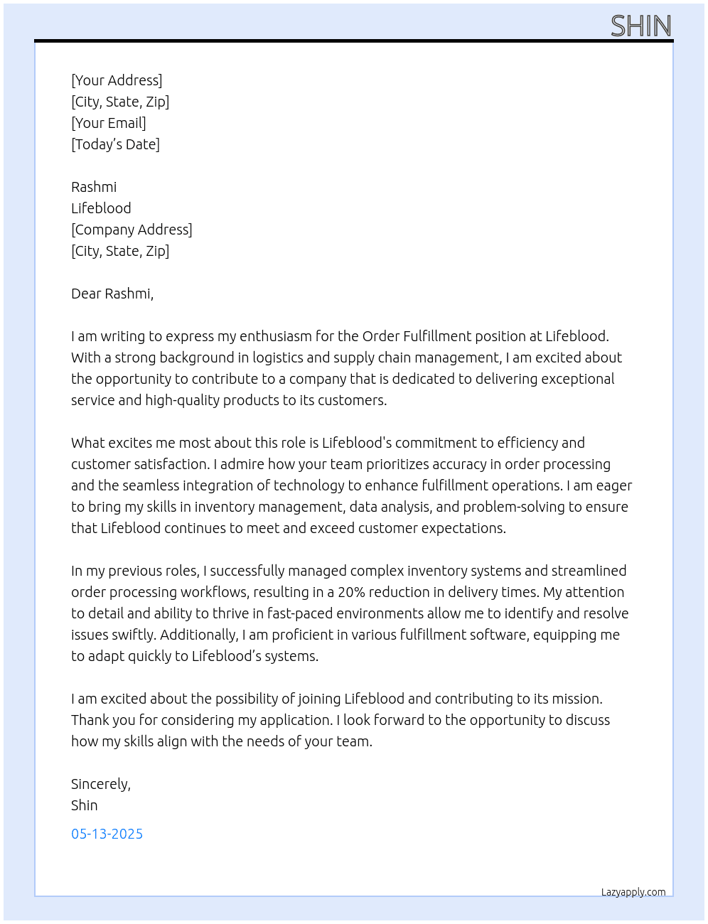 order fulfilment At lifeblood Cover Letter