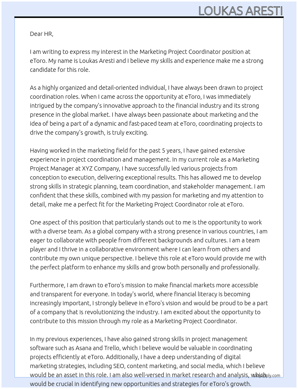 Marketing Project Coordinator At eToro Cover Letter