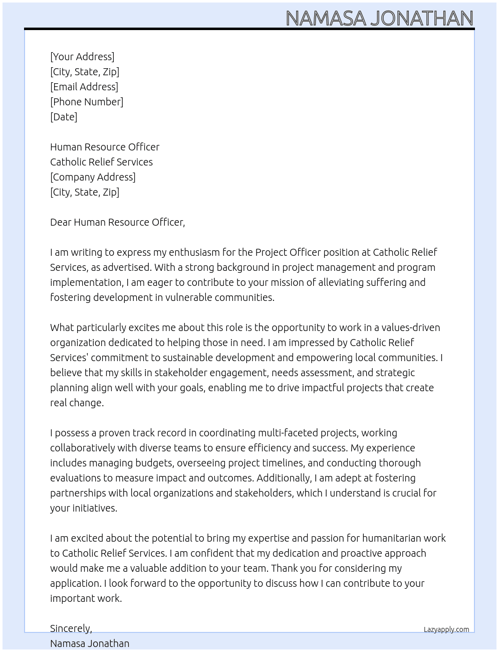 PROJECT OFFICER At CATHOLIC RELIEF SERVICES Cover Letter