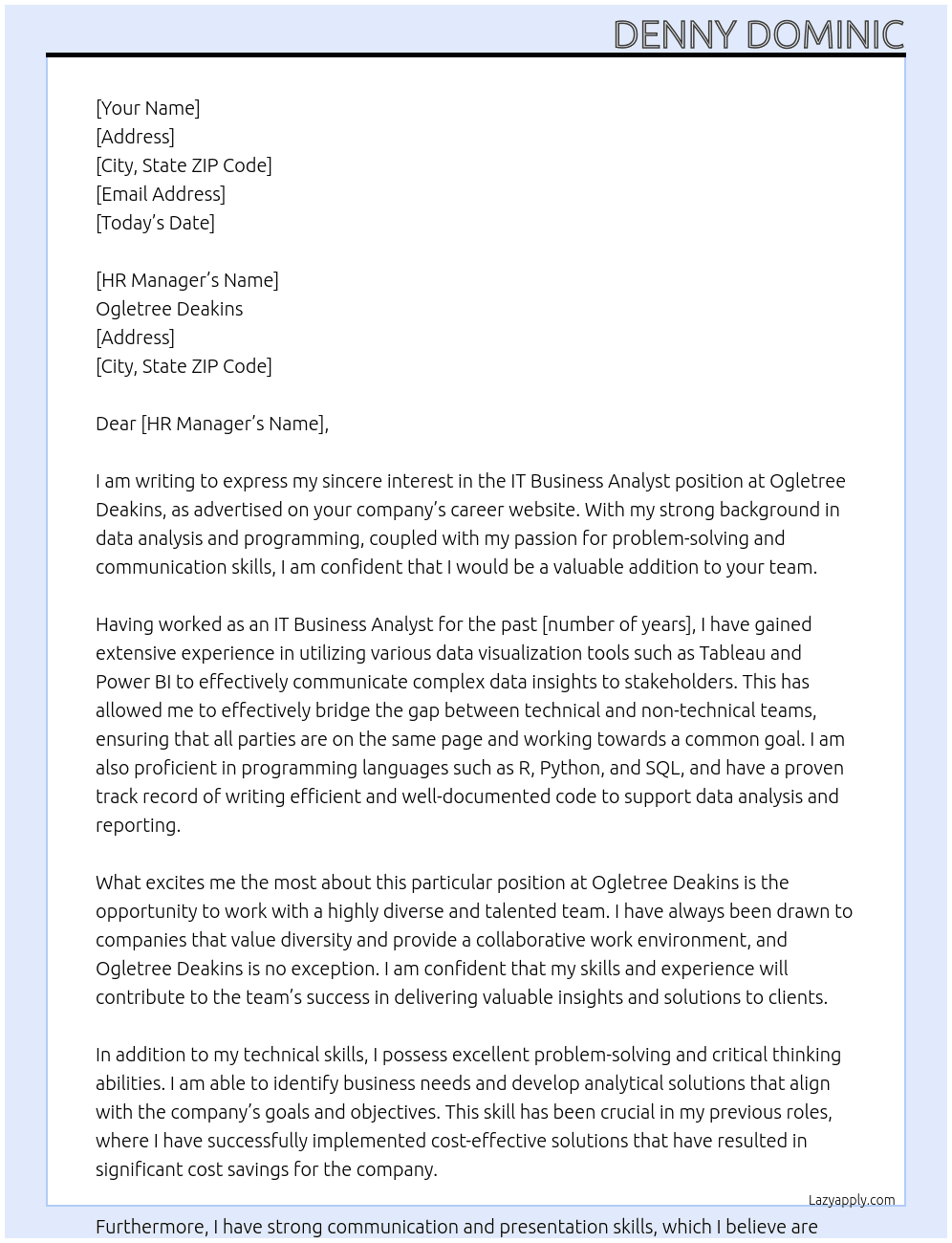 IT business analyst At ogletree deakins Cover Letter