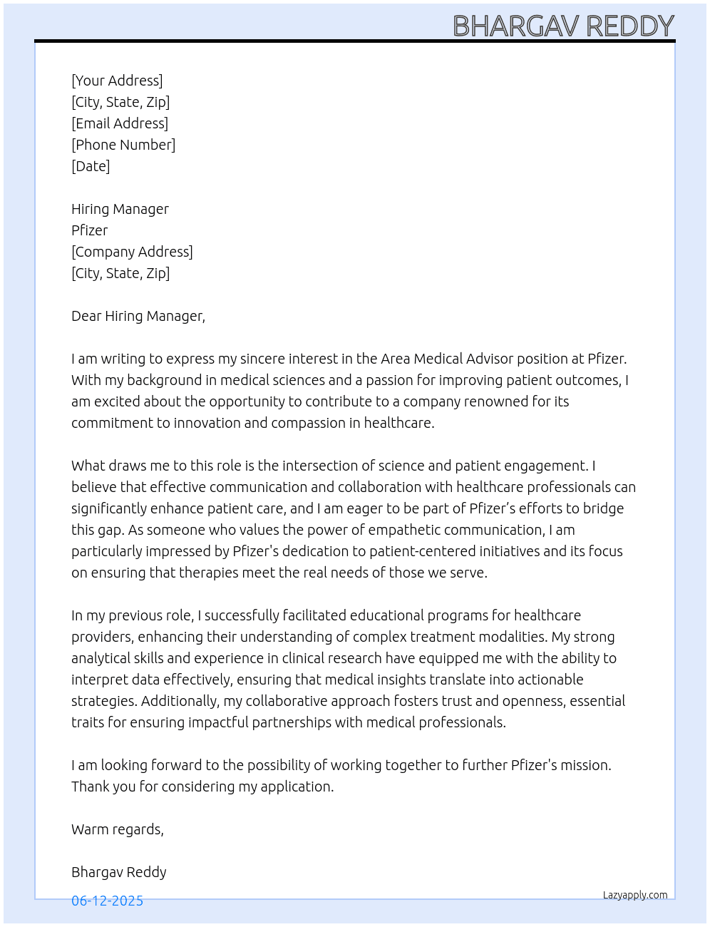 Cover letter for area medical advisor - LazyApply