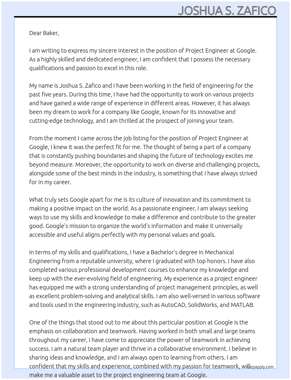 Project Engineer At google Cover Letter