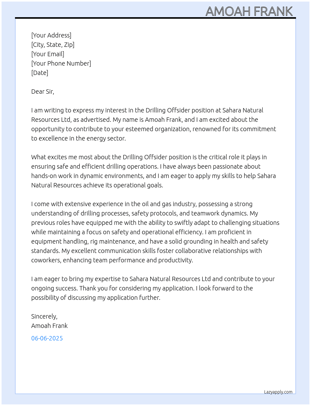 DRILLLING OFFSIDER At SAHARA NATURAL RESOURCES LTD Cover Letter