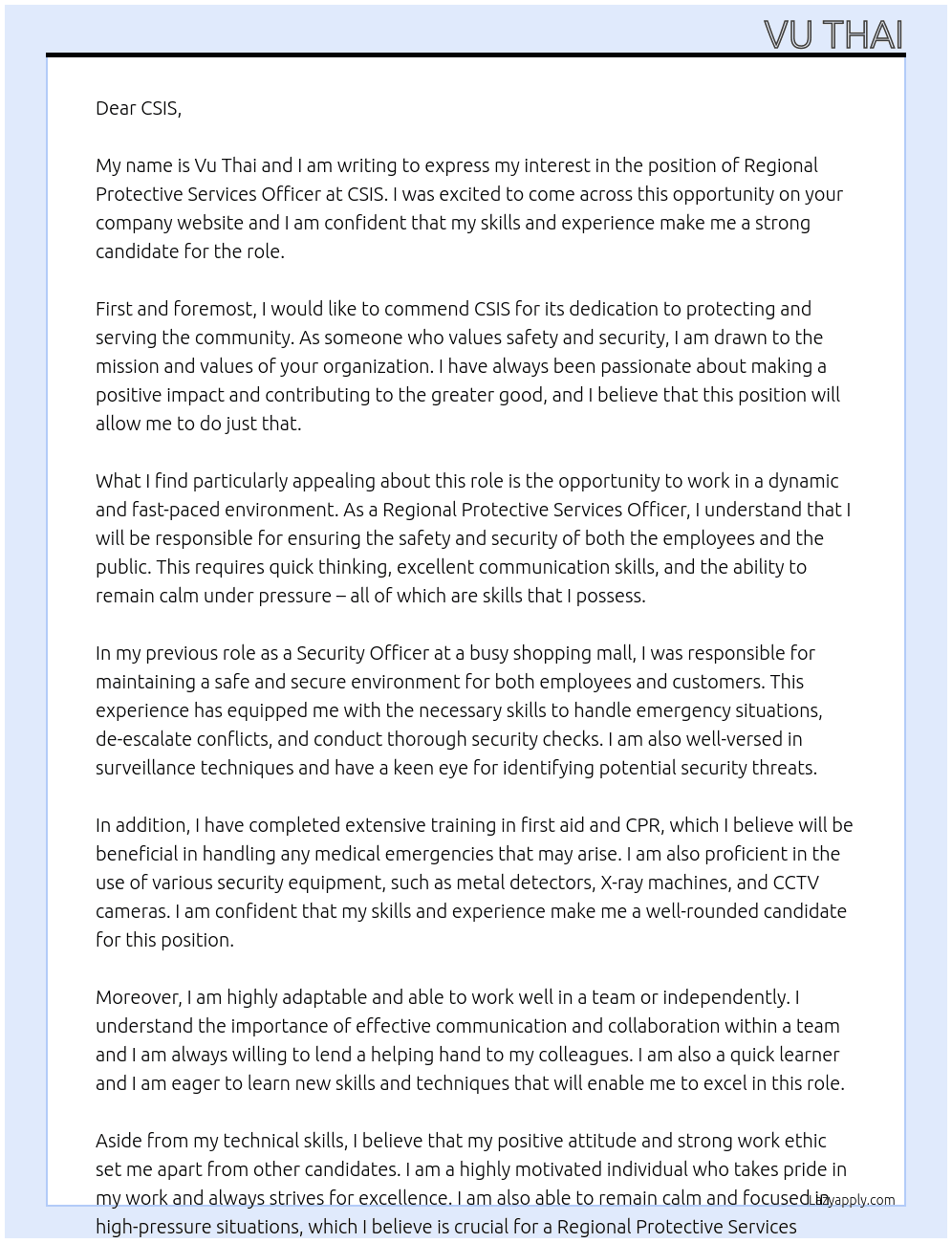 Regional Protective Services Officer At CSIS Cover Letter