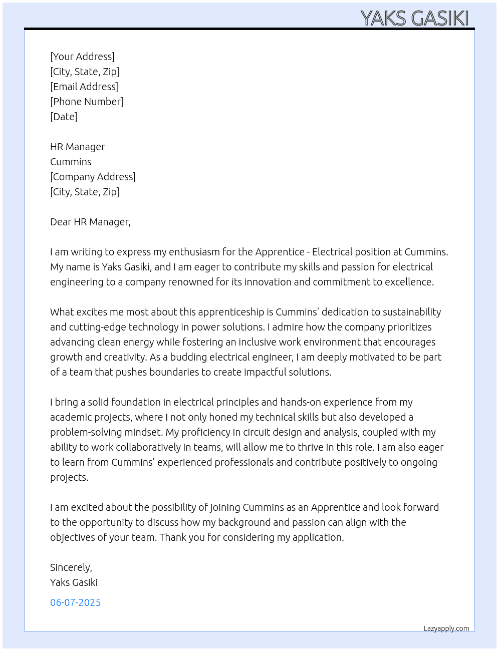 Apprentice - Electrical  At Cummins  Cover Letter