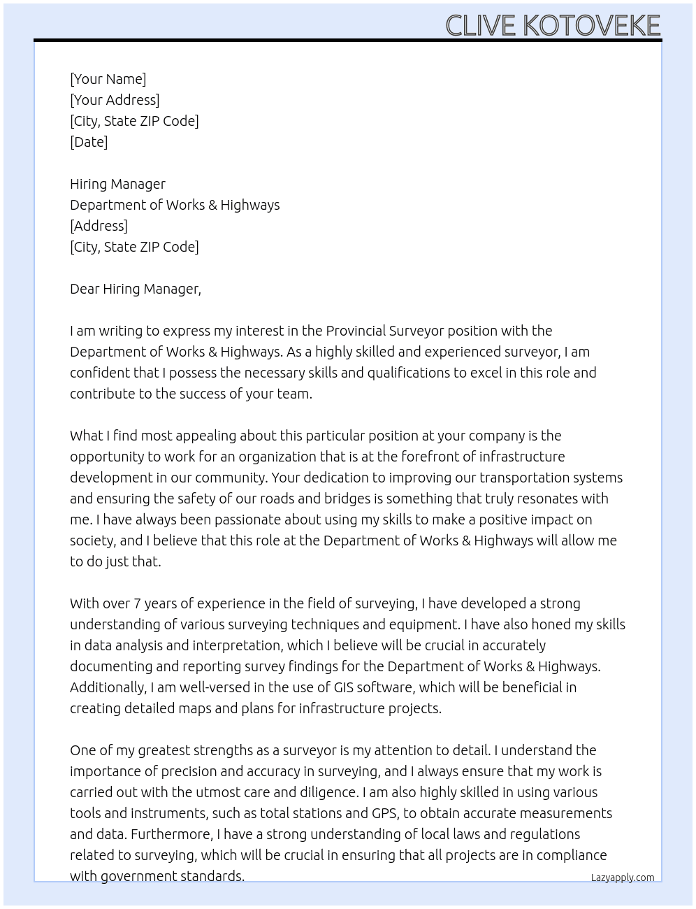 Provincial Surveyor  At Department of Works & Highways  Cover Letter
