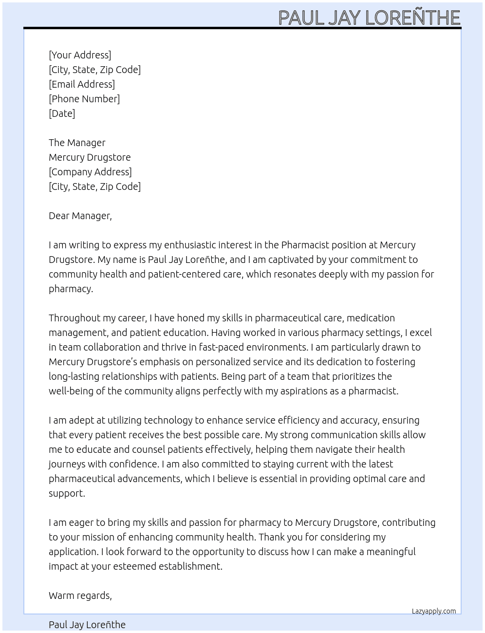 Pharmacist At Mercury drugstore Cover Letter