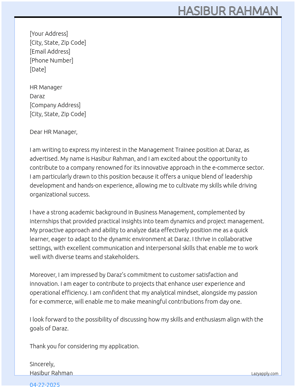 Management Trainee  At Daraz Cover Letter