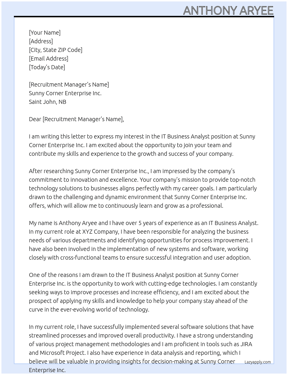 Cover letter for it business analyst - LazyApply