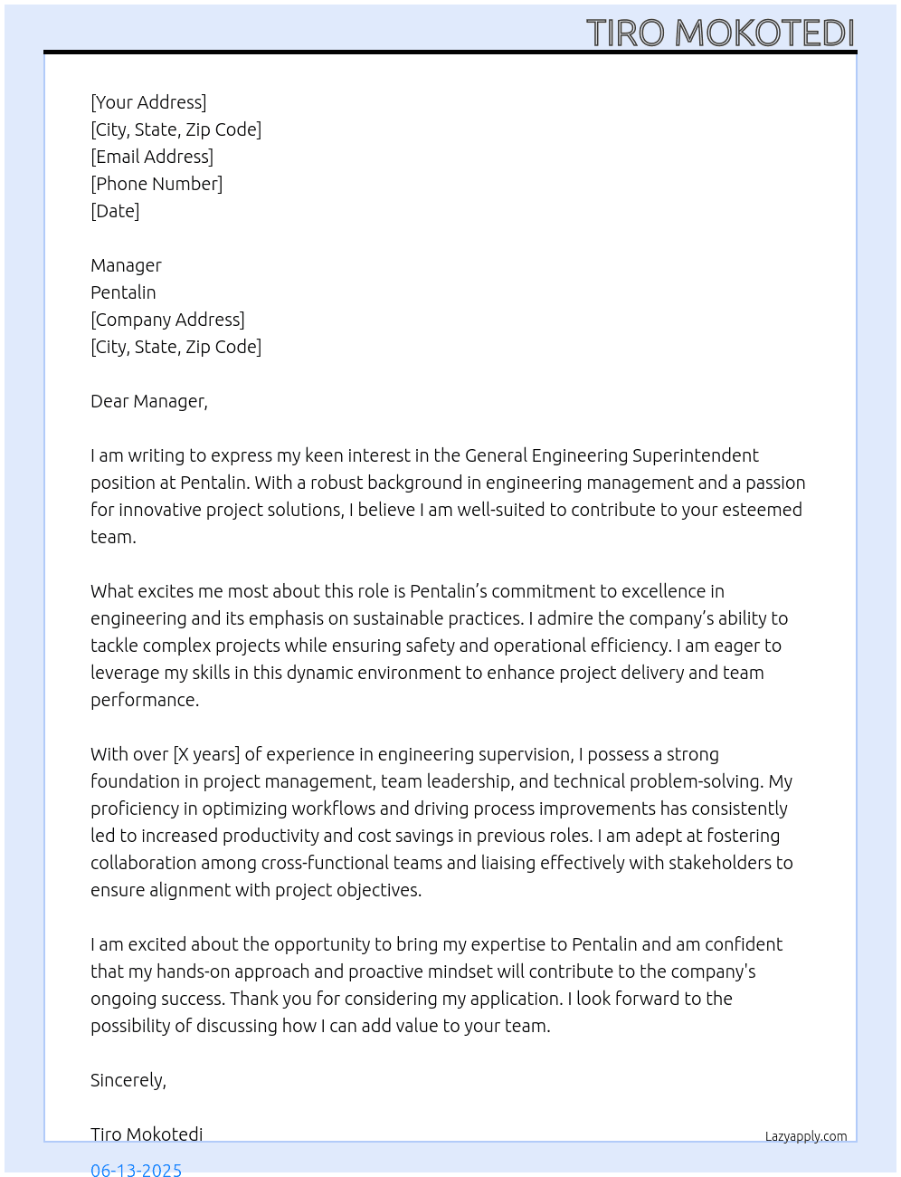 General engineering superintendent  At Pentalin Cover Letter