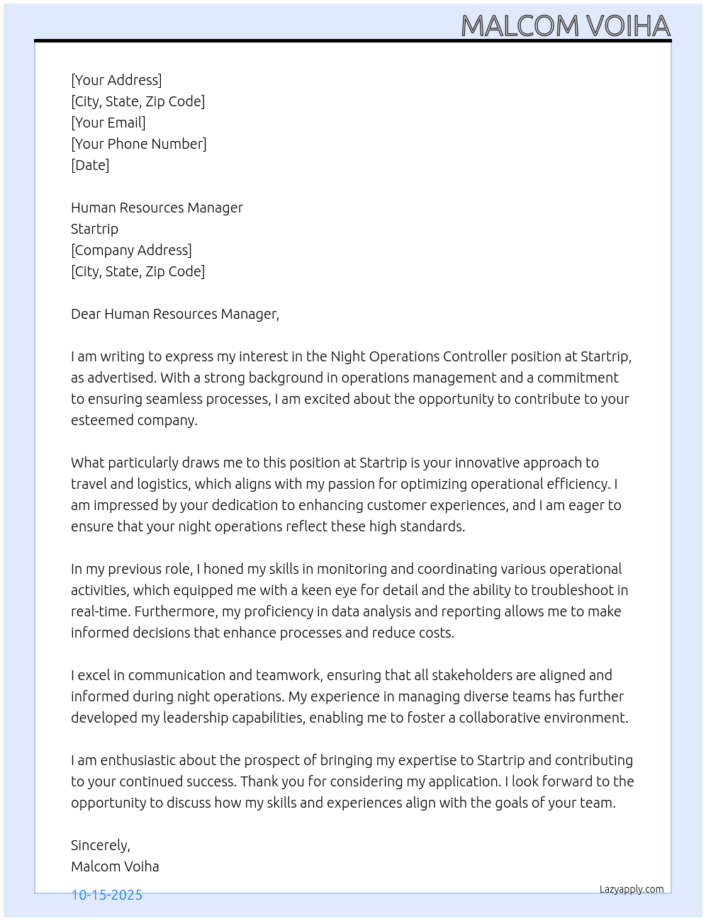 Night operations controler At Startrip Cover Letter