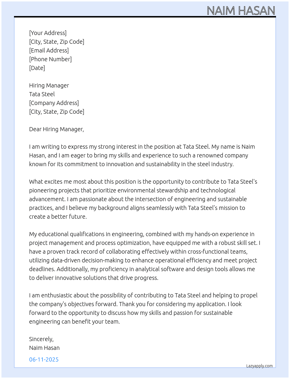 Tata Steel  At Naim Hasan Cover Letter