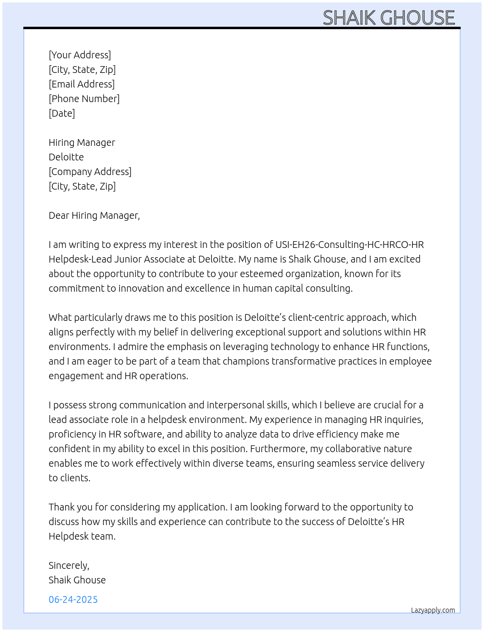 Cover letter for usi-eh26-consulting-hc-hrco-hr helpdesk-lead junior associate - LazyApply