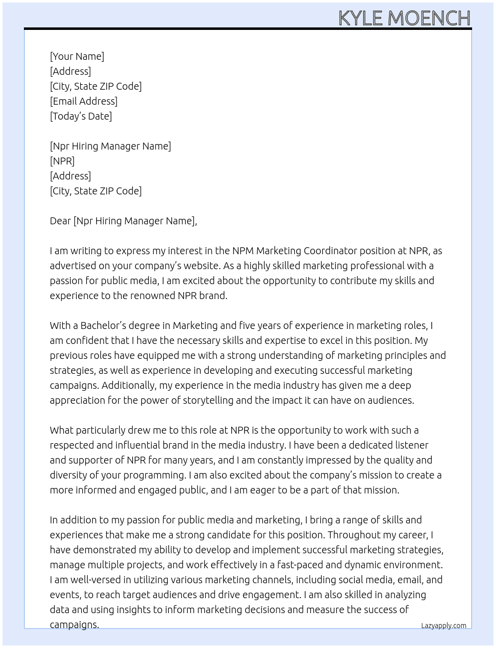 NPM Marketing Coordinator At NPR Cover Letter
