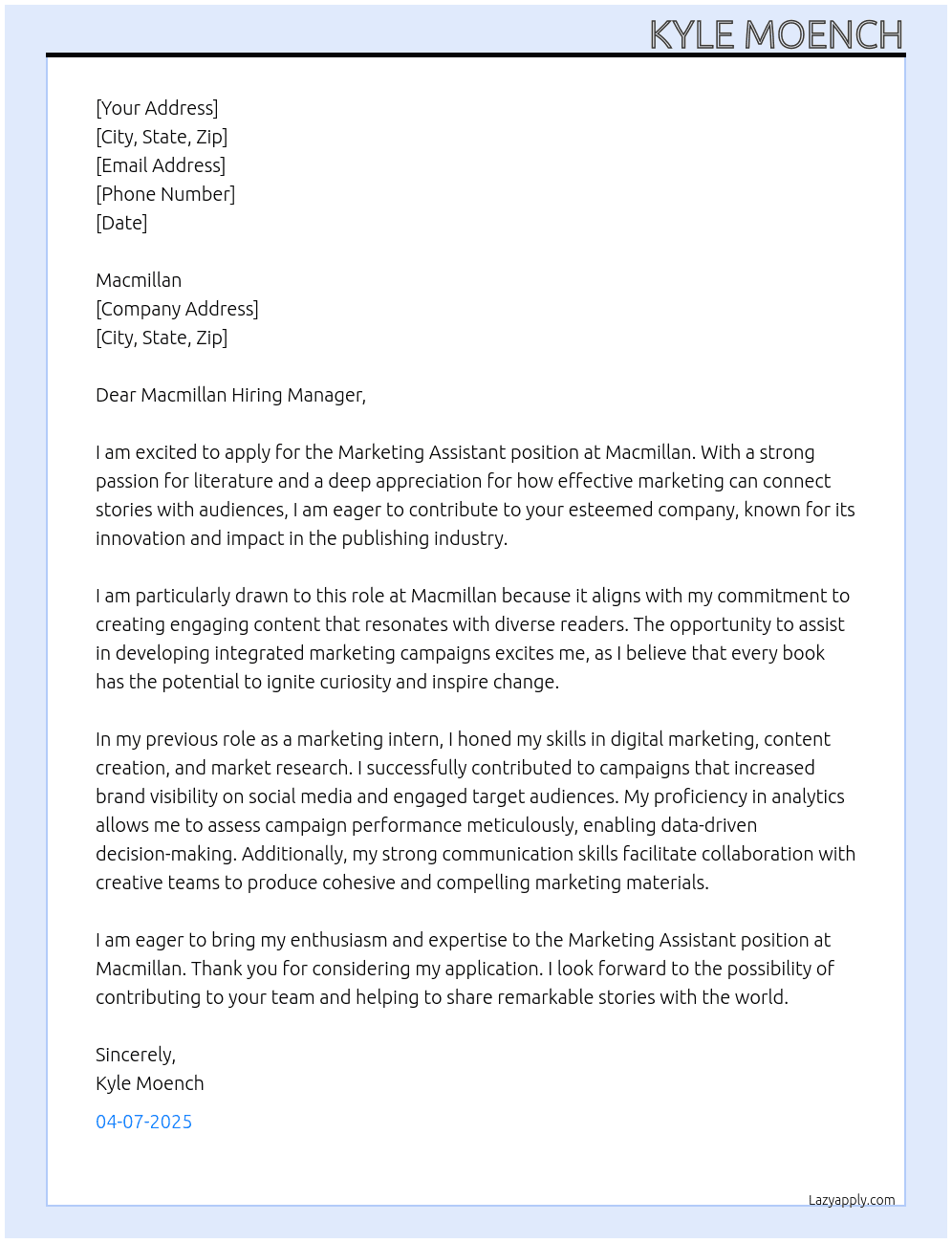 Marketing Assistant At Macmillan Cover Letter