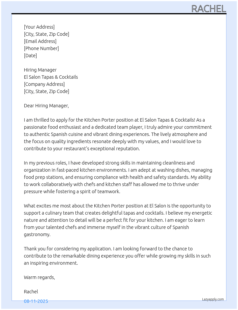 Kitchen Porter At El Salon Tapas & Cocktails Cover Letter
