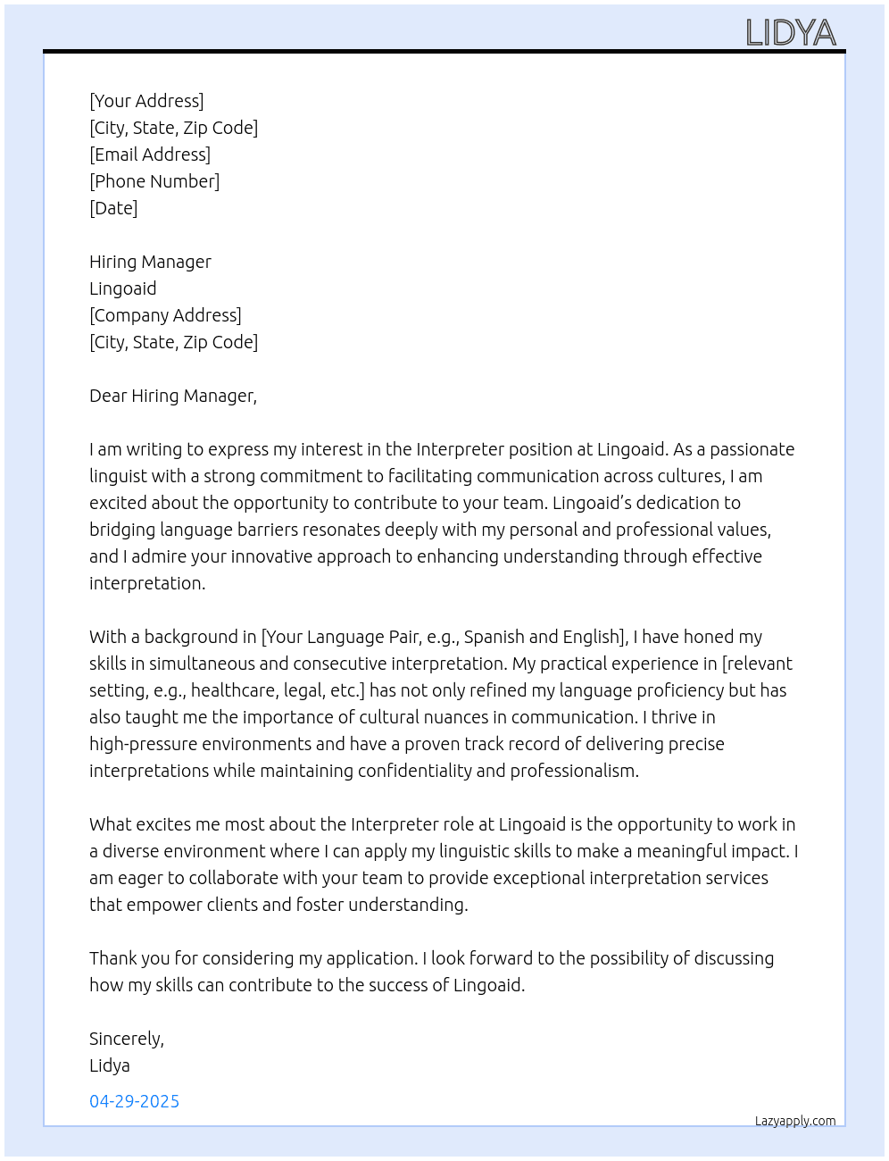 Interpreter  At Lingoaid Cover Letter