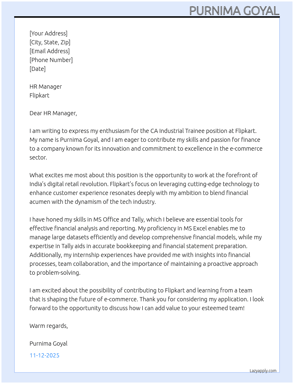 ca industrial trainee At flipkart Cover Letter
