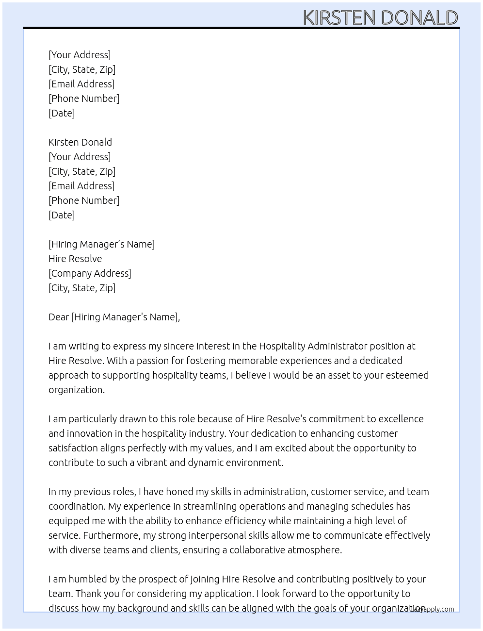 Hospitality Administrator Application At Hire Resolve Cover Letter