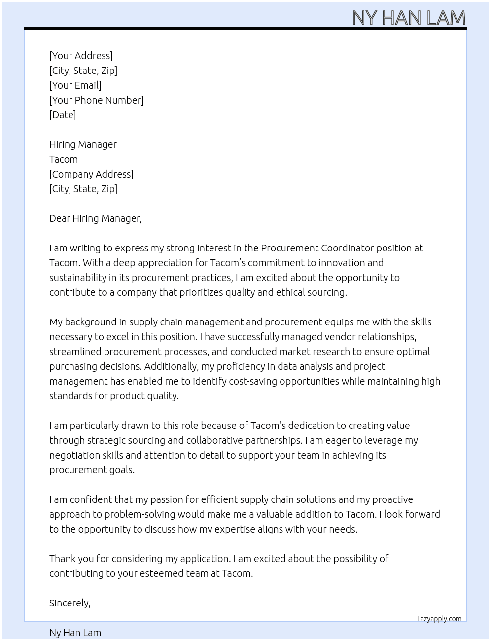 Procurement Coordinater At Tacom Cover Letter