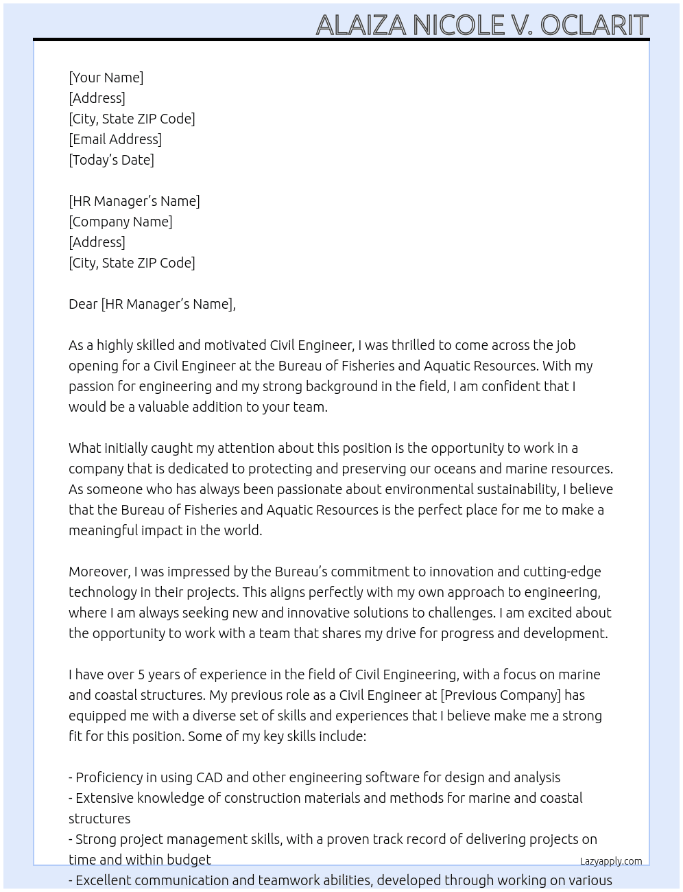 Civil Engineer At Bureau of Fisheries and Aquatic Resources Cover Letter