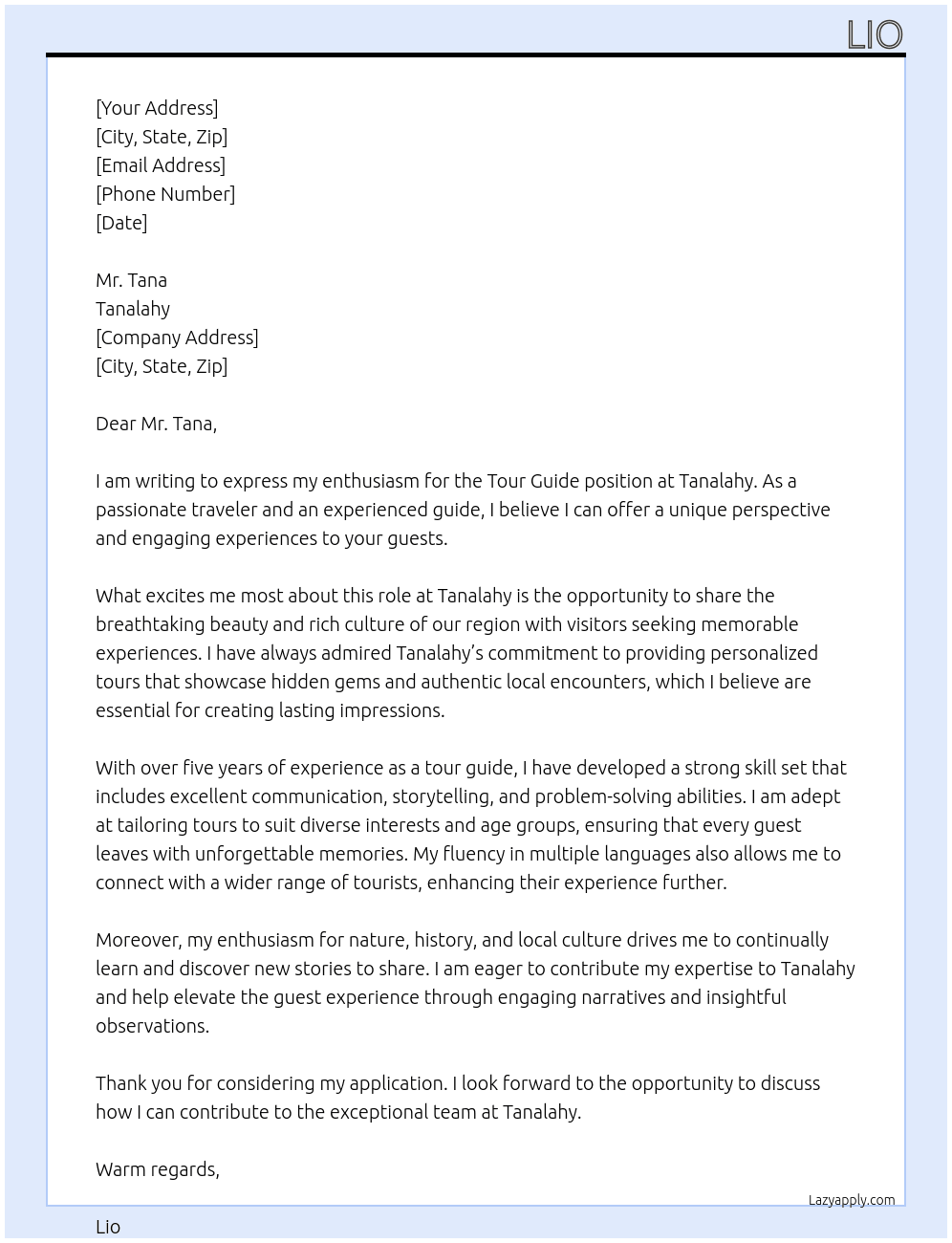 tour guide At tanalahy Cover Letter