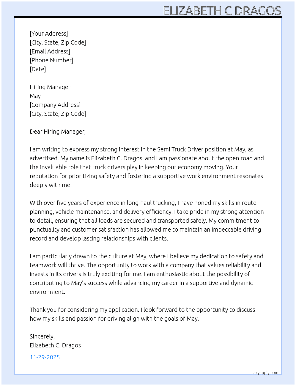 Semi Truck driver At May  Cover Letter