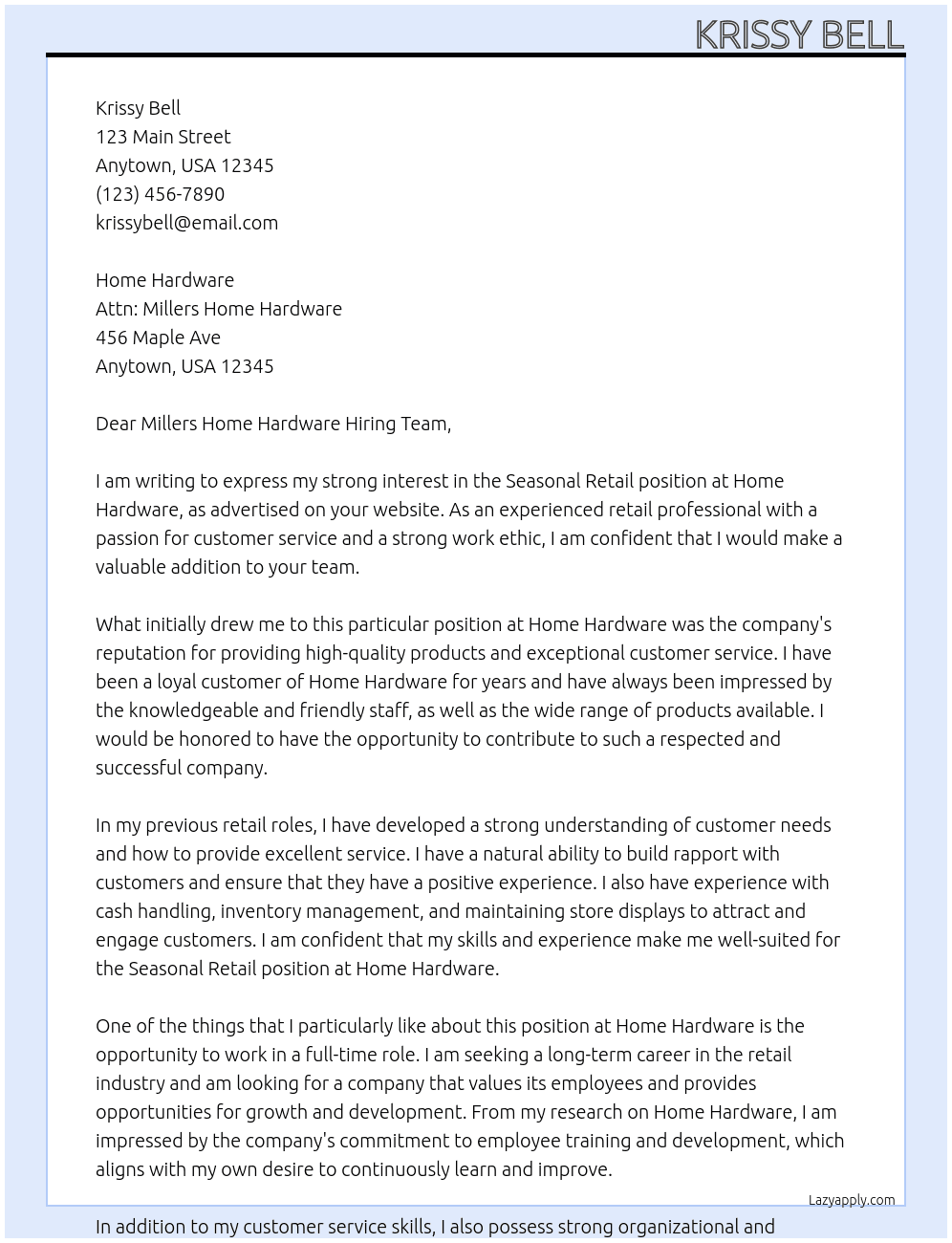 Seasonal retail  At Home hardware  Cover Letter