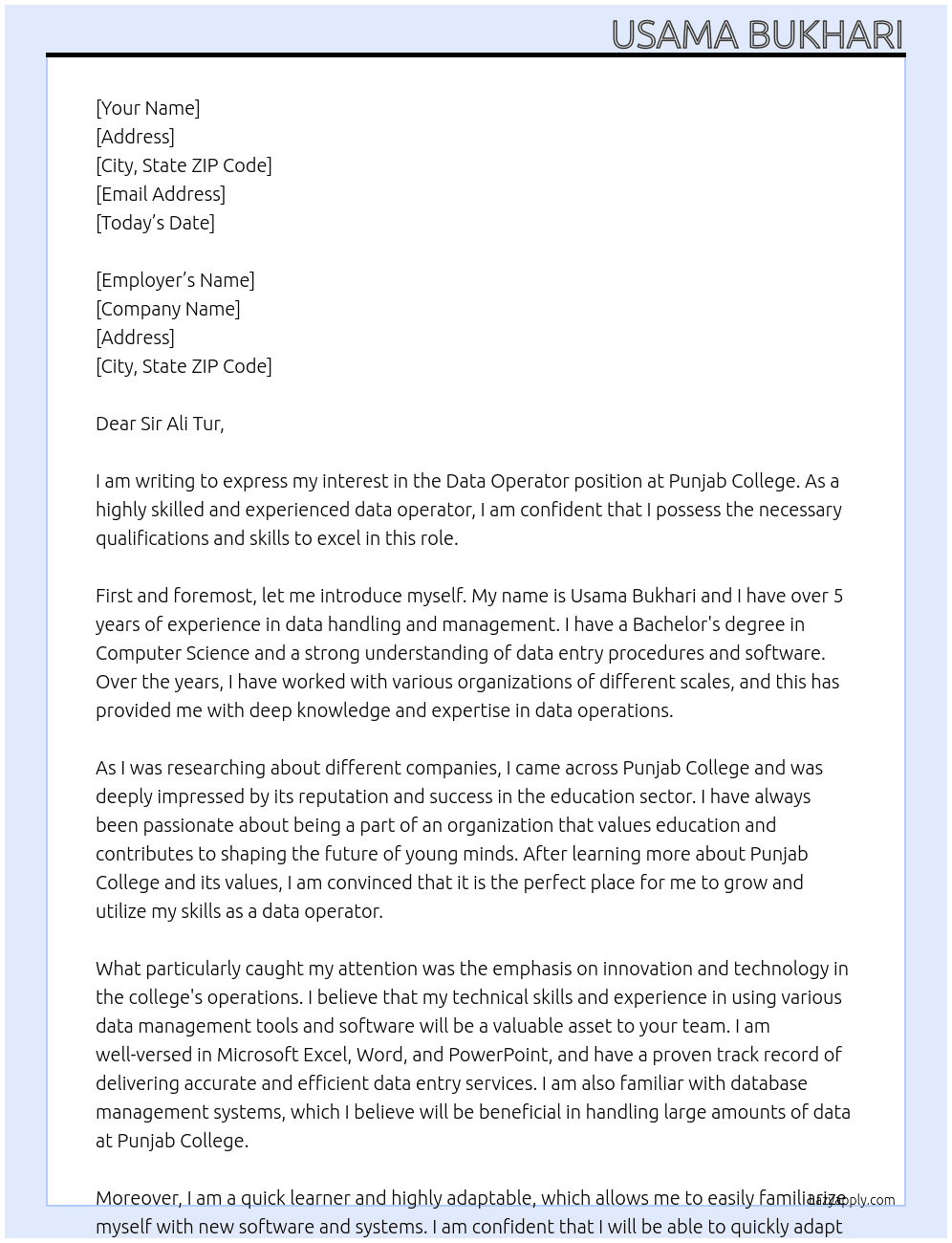 Data operator At Punjab Collage  Cover Letter
