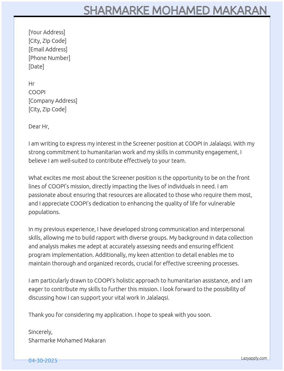Screener  At COOPI  Cover Letter