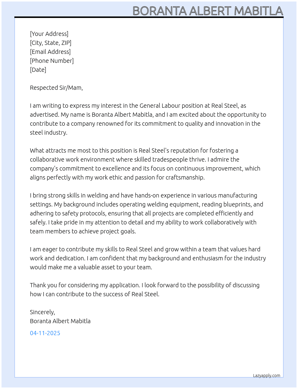 General Labour At Real Steel Cover Letter