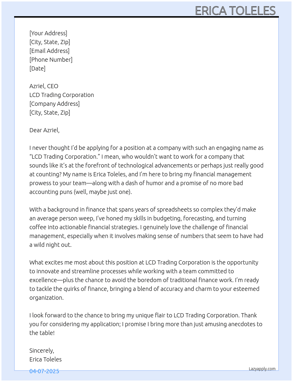 Financial management  At LCD trading corporation Cover Letter