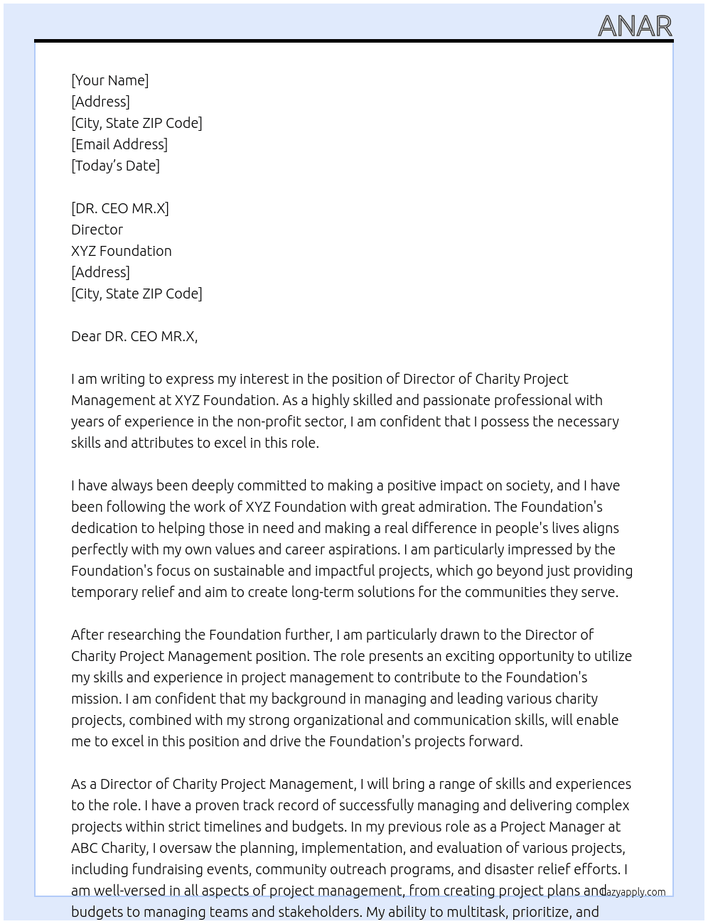 Director of Charity Project Management At XYZ FOUNDATION Cover Letter