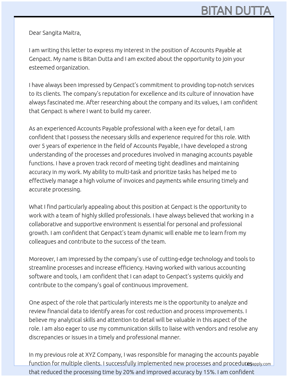 Accounts payable  At Genpact Cover Letter