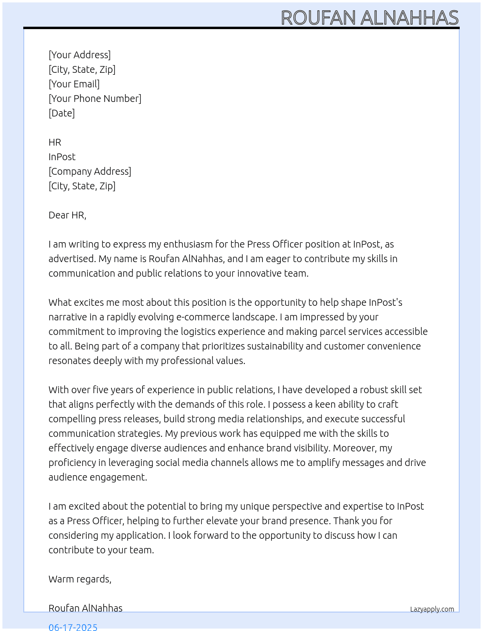 Press Officer At InPost Cover Letter