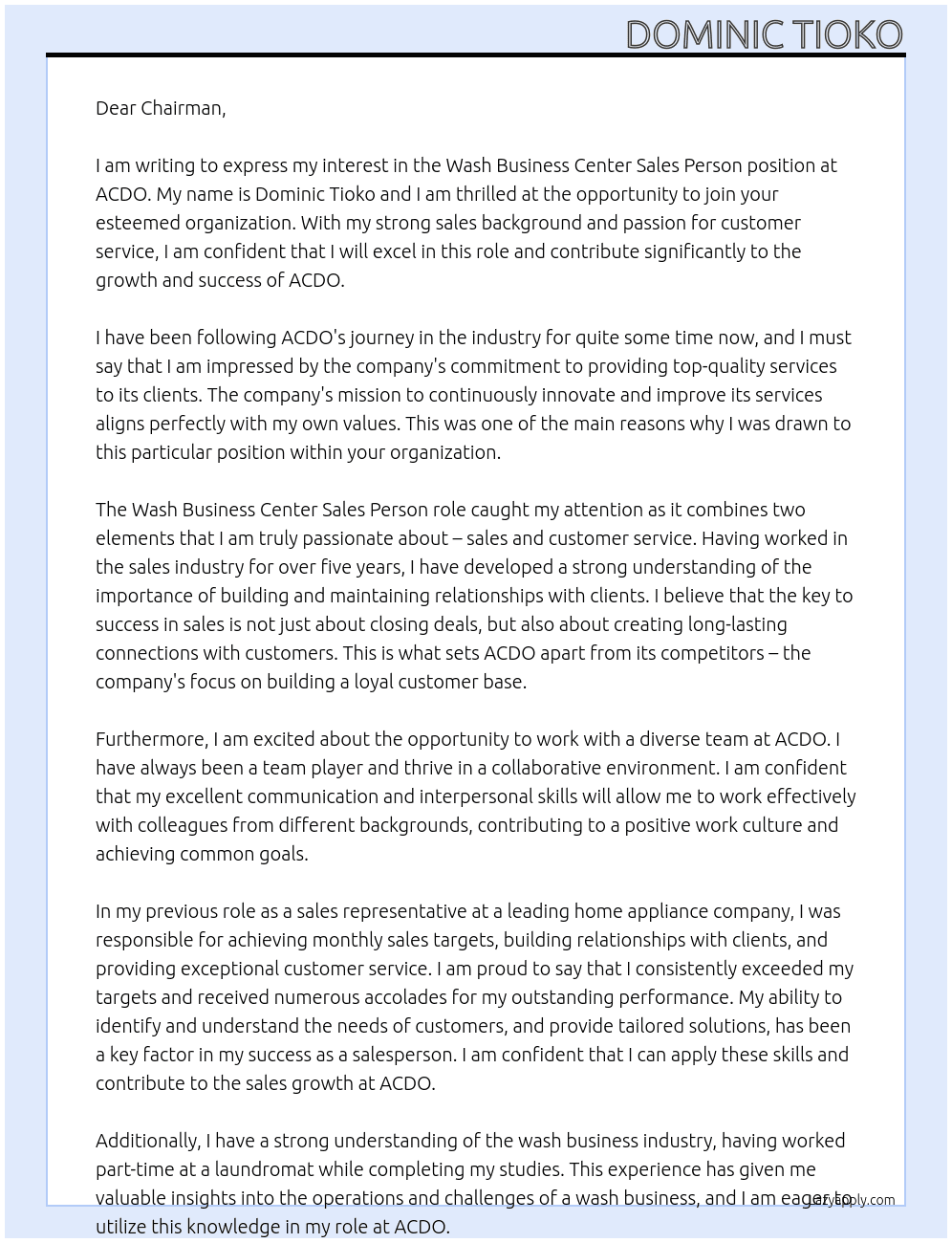 wash business center sales person At acdo  Cover Letter
