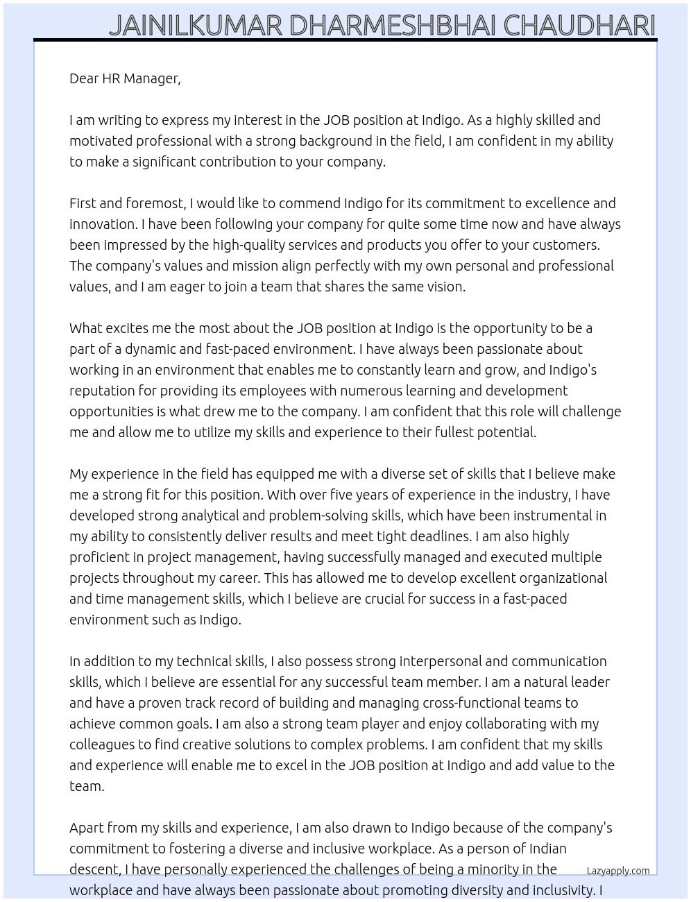 JOB At indigo  Cover Letter