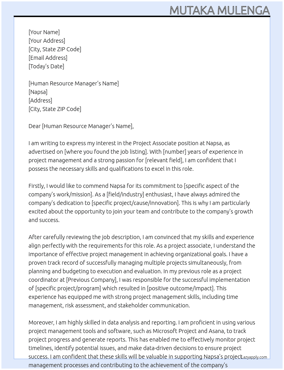 Project Associate At Napsa Cover Letter