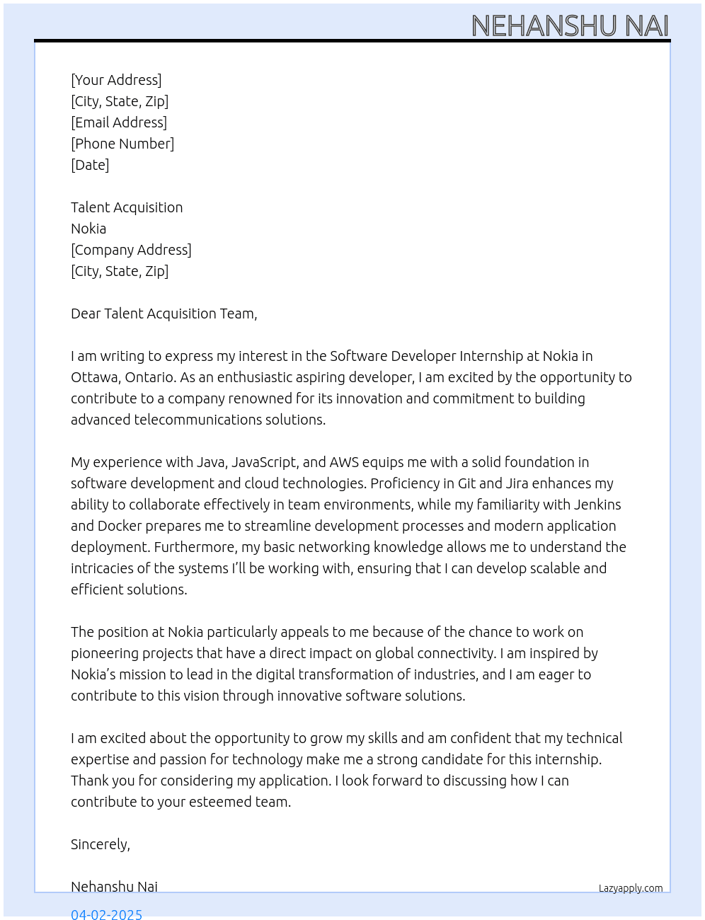 Software Developer At Nokia Cover Letter