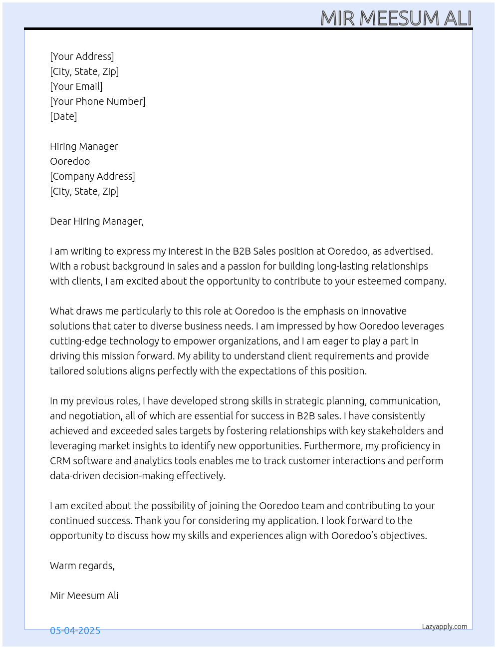 Ooredoo B2B Sales At Ooredoo  Cover Letter