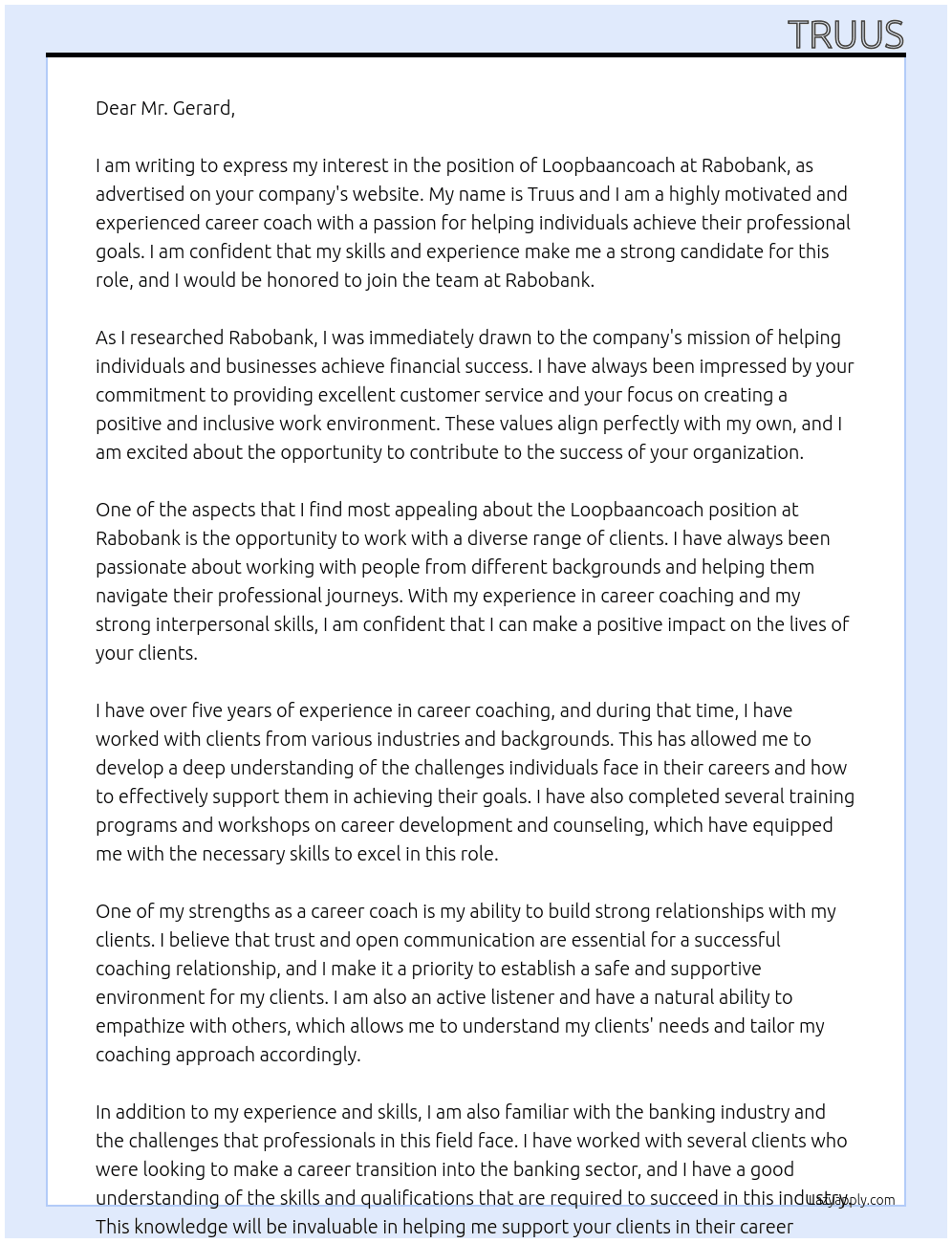 loopbaancoach At rabobank Cover Letter