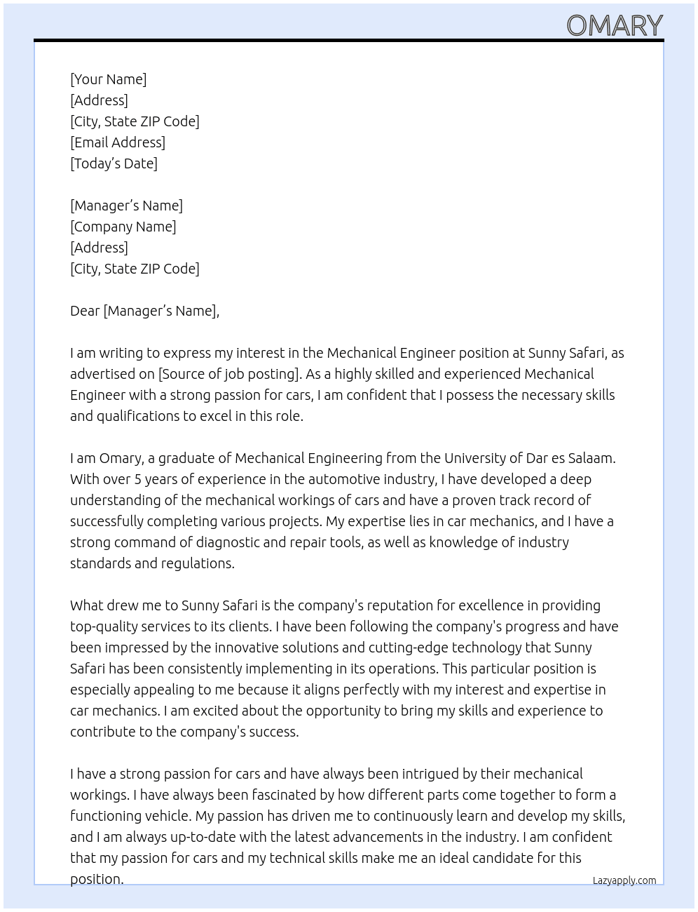 Mechanical engineer At Sunny safari Cover Letter