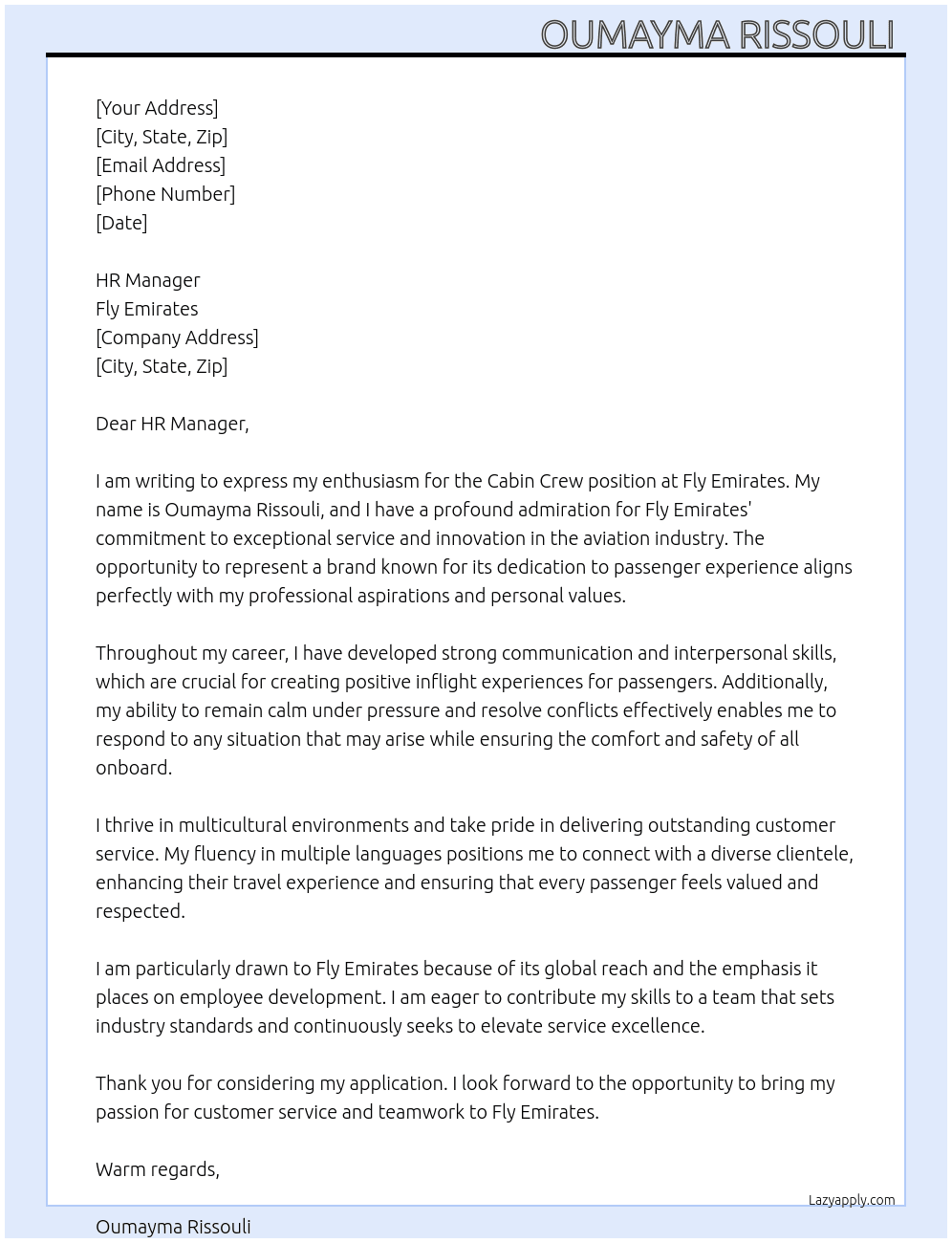 Cabin crew  At Fly emirates  Cover Letter
