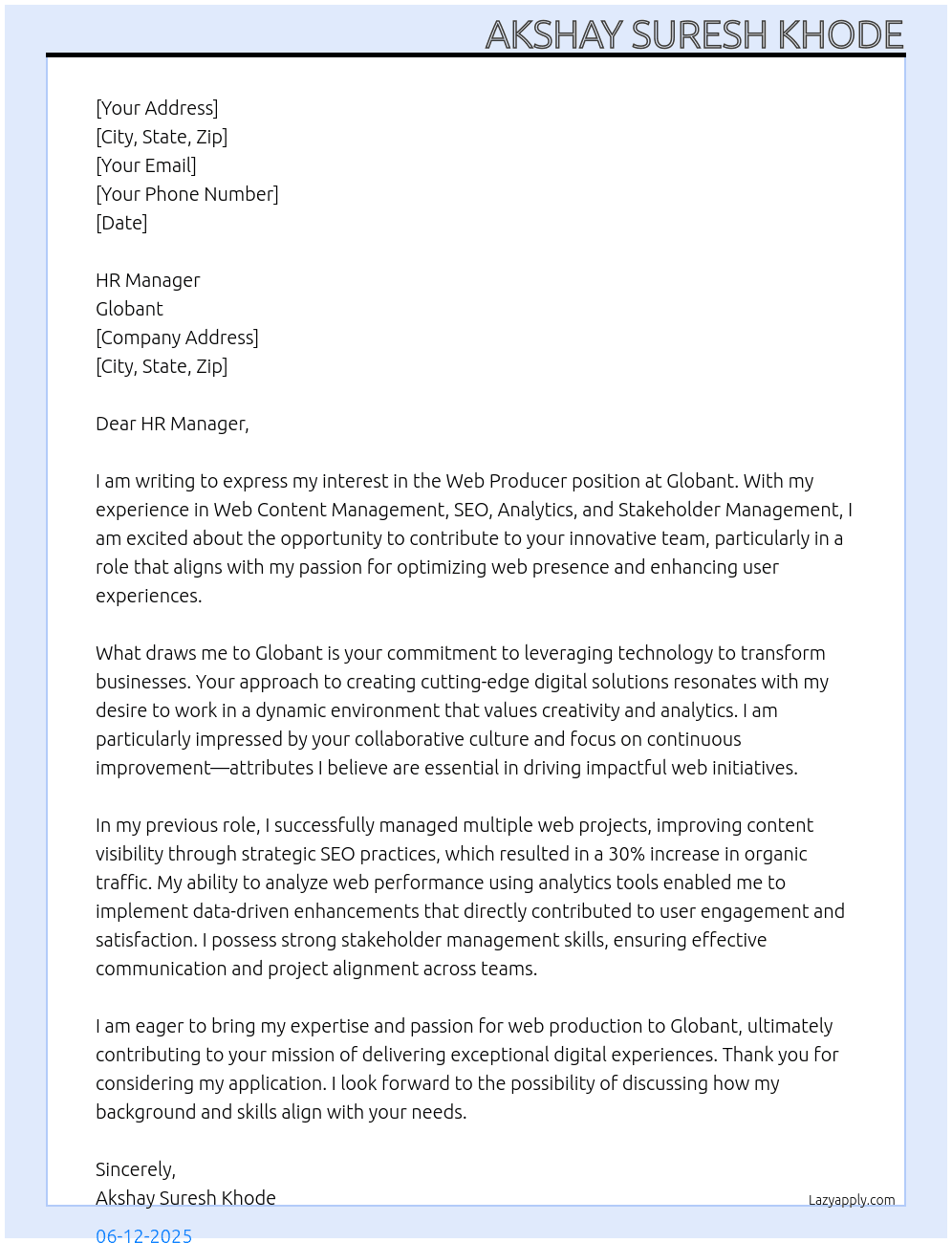 Cover letter for web producer - LazyApply