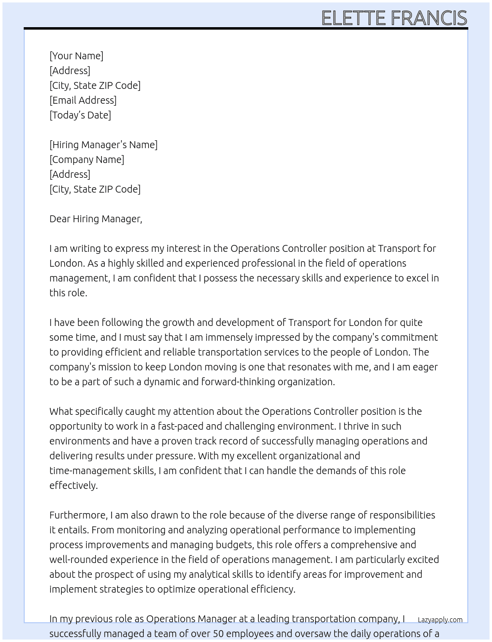 Operations controller  At Transport for London  Cover Letter