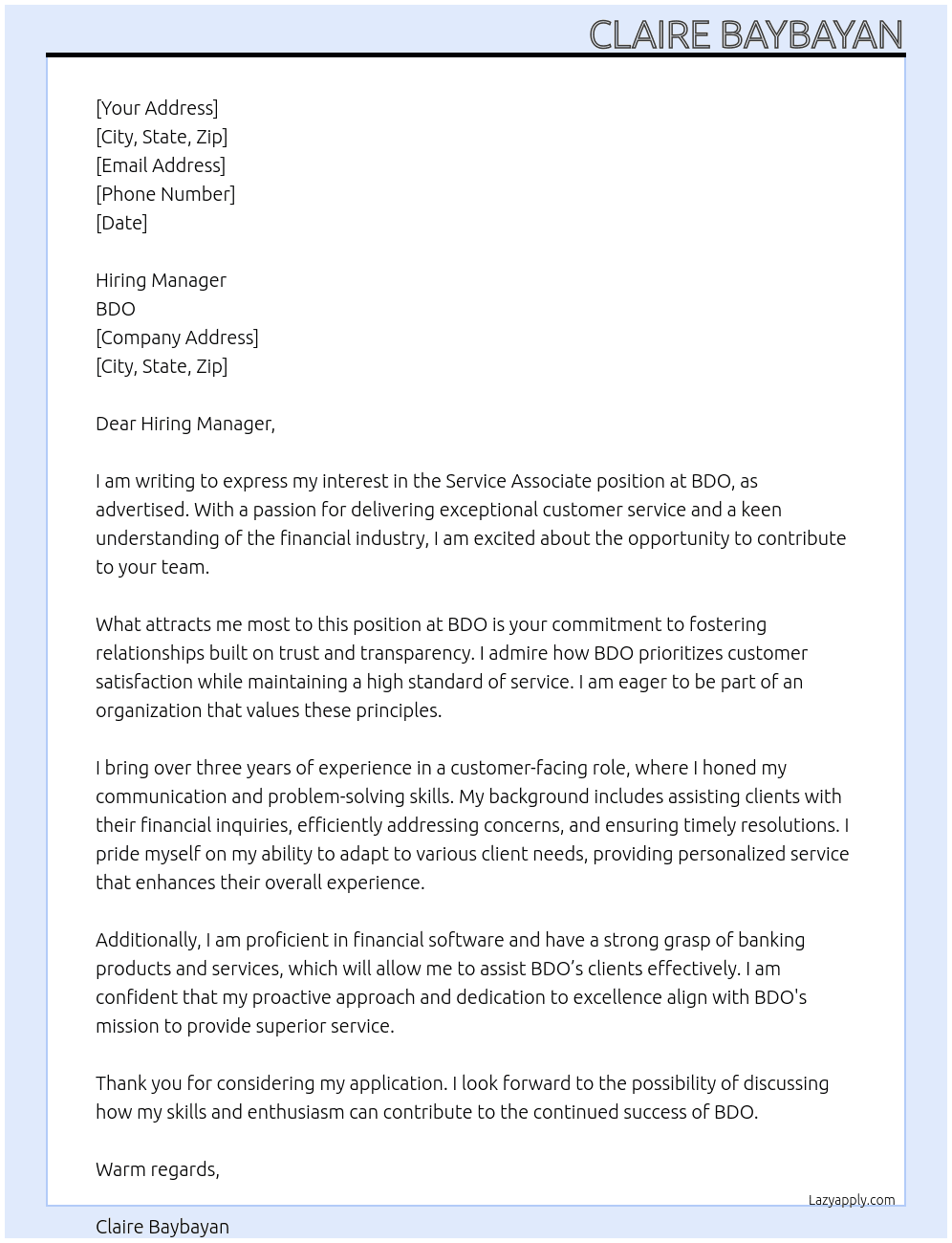 Service Associate At BDO Cover Letter